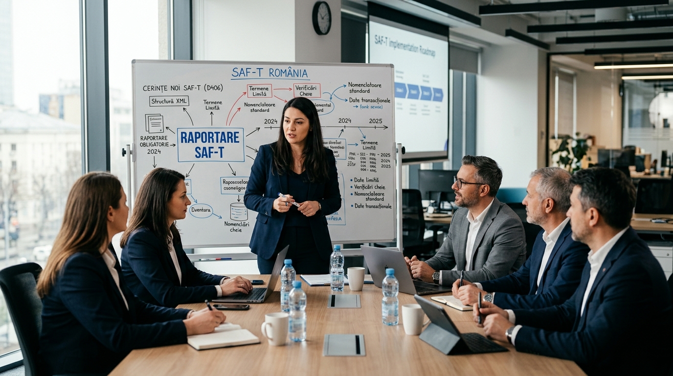 alt_text: Întâlnire corporate despre cerințe noi pentru raportarea SAF-T, cu discuții și grafice pe tablă.