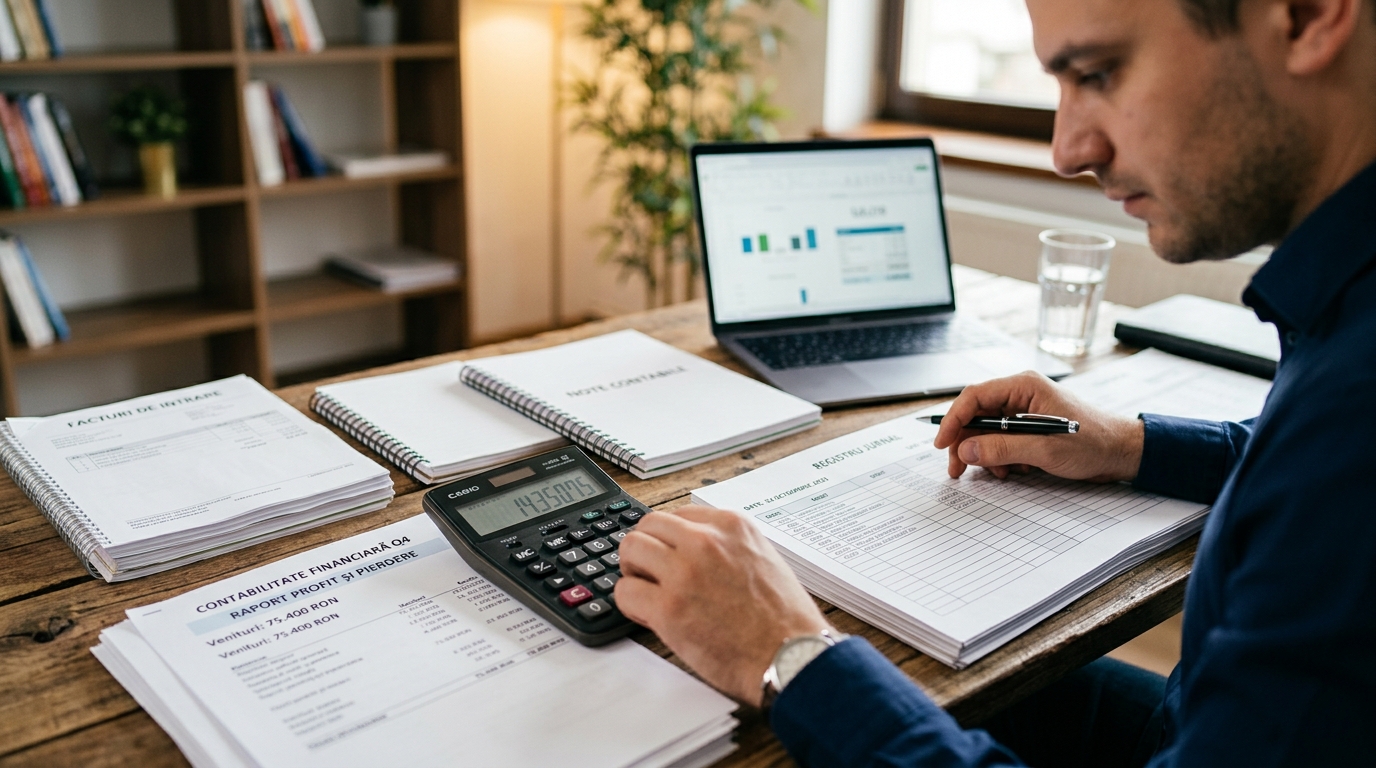 alt_text: Imagine cu documente financiare și un calculator, ilustrând "cum se contabilizează" în mod profesionist.
