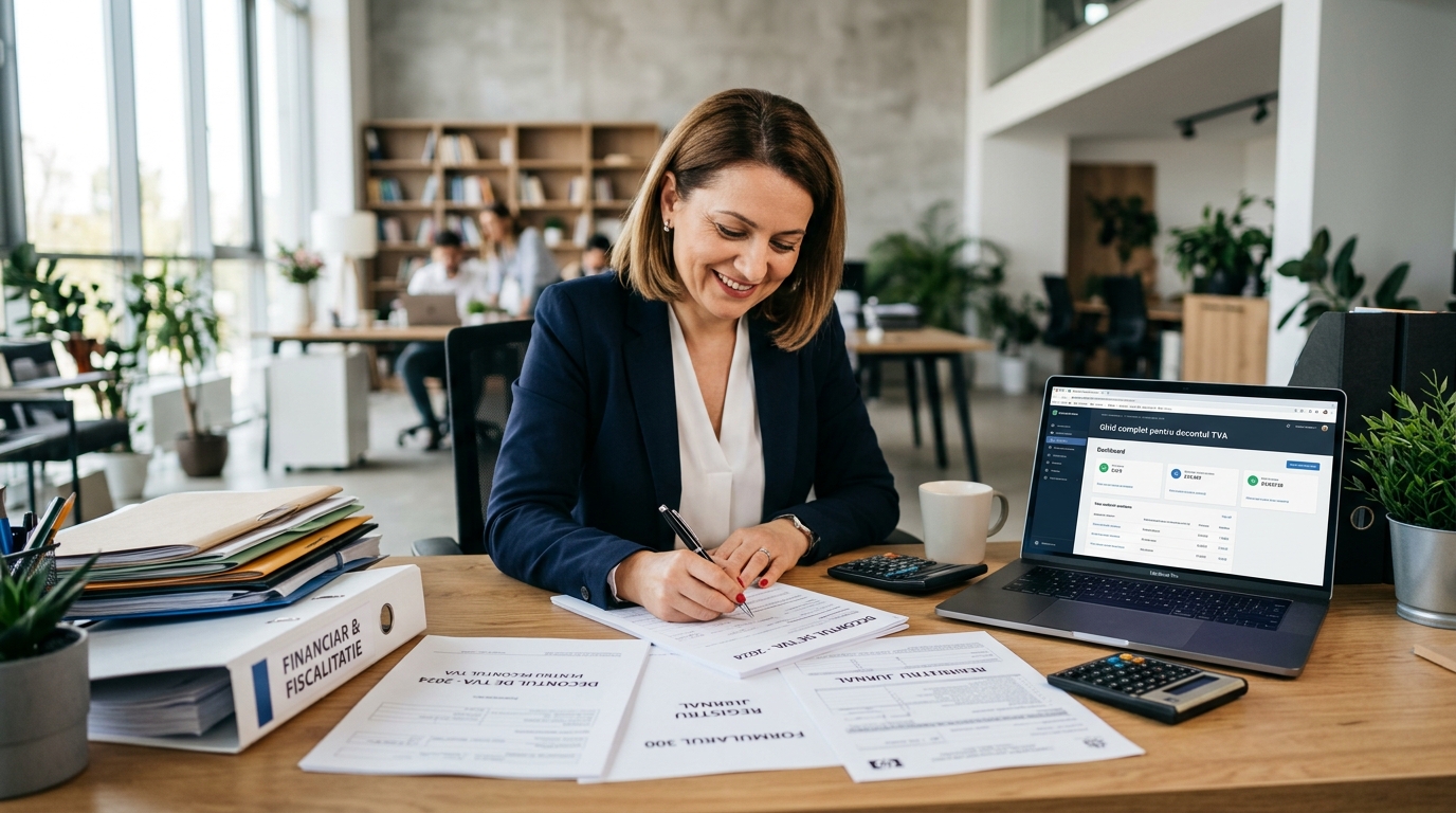 alt_text: Copertă pentru "Ghid complet pentru decontul TVA", design modern cu birou și documente financiare.