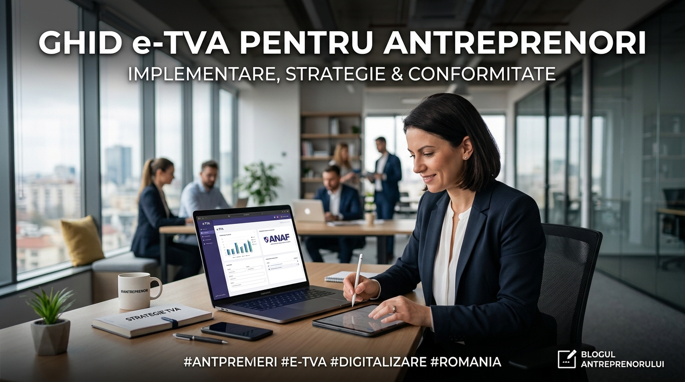 alt_text: Copertă pentru "ghid e-TVA pentru antreprenori", cu simboluri de finanțe digitale și un design modern.