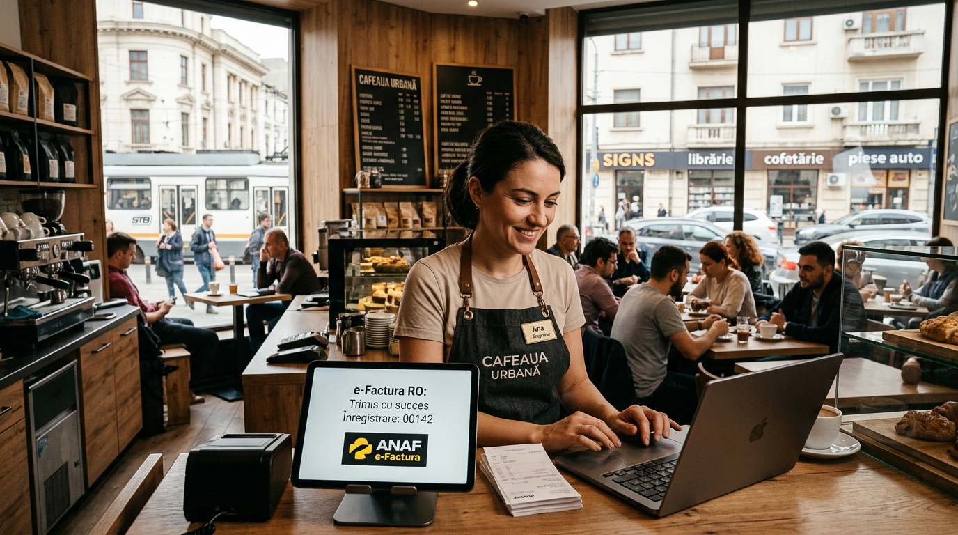 alt_text: Imagine colorată care ilustrează impactul e-Factura asupra firmelor mici în orașe pline de viață.
