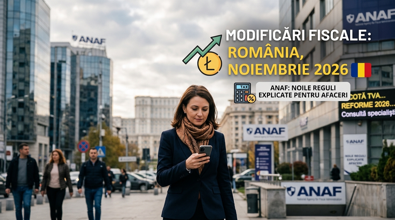alt_text: Peisaj urban modern din România, simboluri fiscale și modificări fiscale România noiembrie 2026.