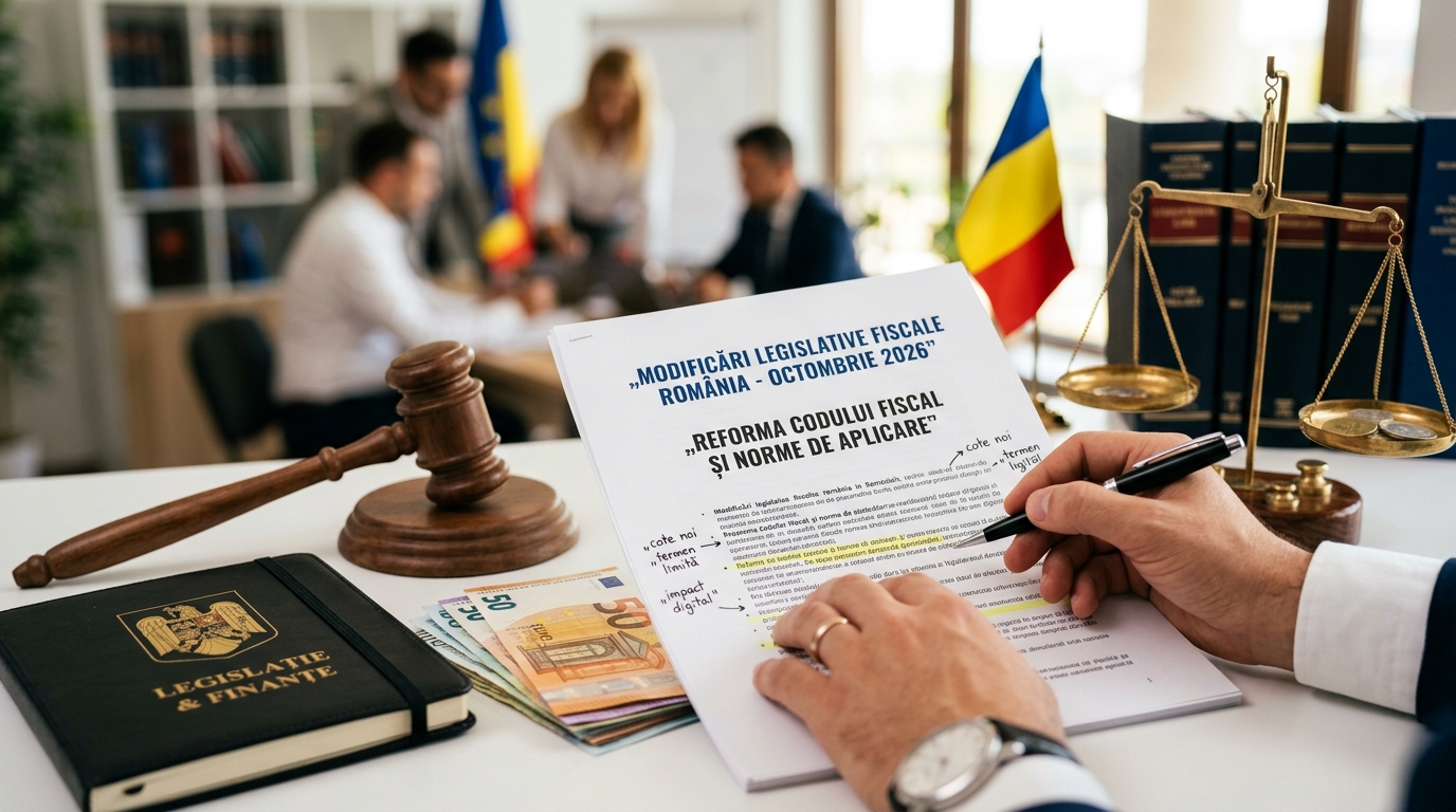 alt_text: "Coperta cu tema modificări legislative fiscale România octombrie 2026, simbolizând legea și finanțele."