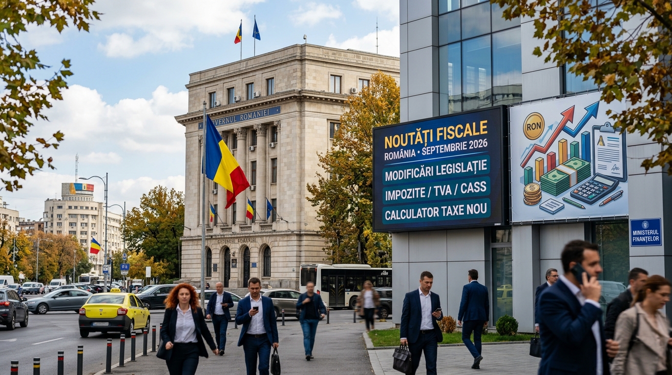 alt_text: "Imagine cu clădiri guvernamentale și simboluri financiare, ilustrând modificări recente în legislația fiscală România septembrie 2026."