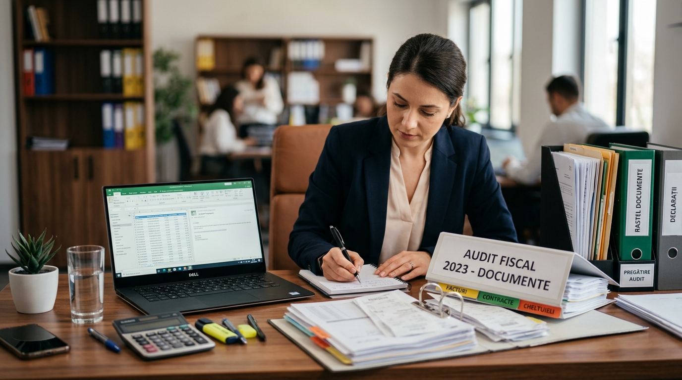 alt_text: Birou profesional cu documente organizate, laptop și notițe pentru pregătirea documentelor pentru audit fiscal.