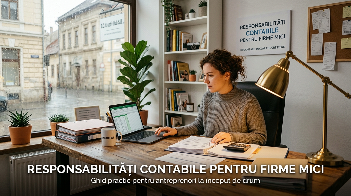 alt_text: Oficiu primitor cu un antreprenor lucrând, evidențiind responsabilități contabile pentru firme mici.