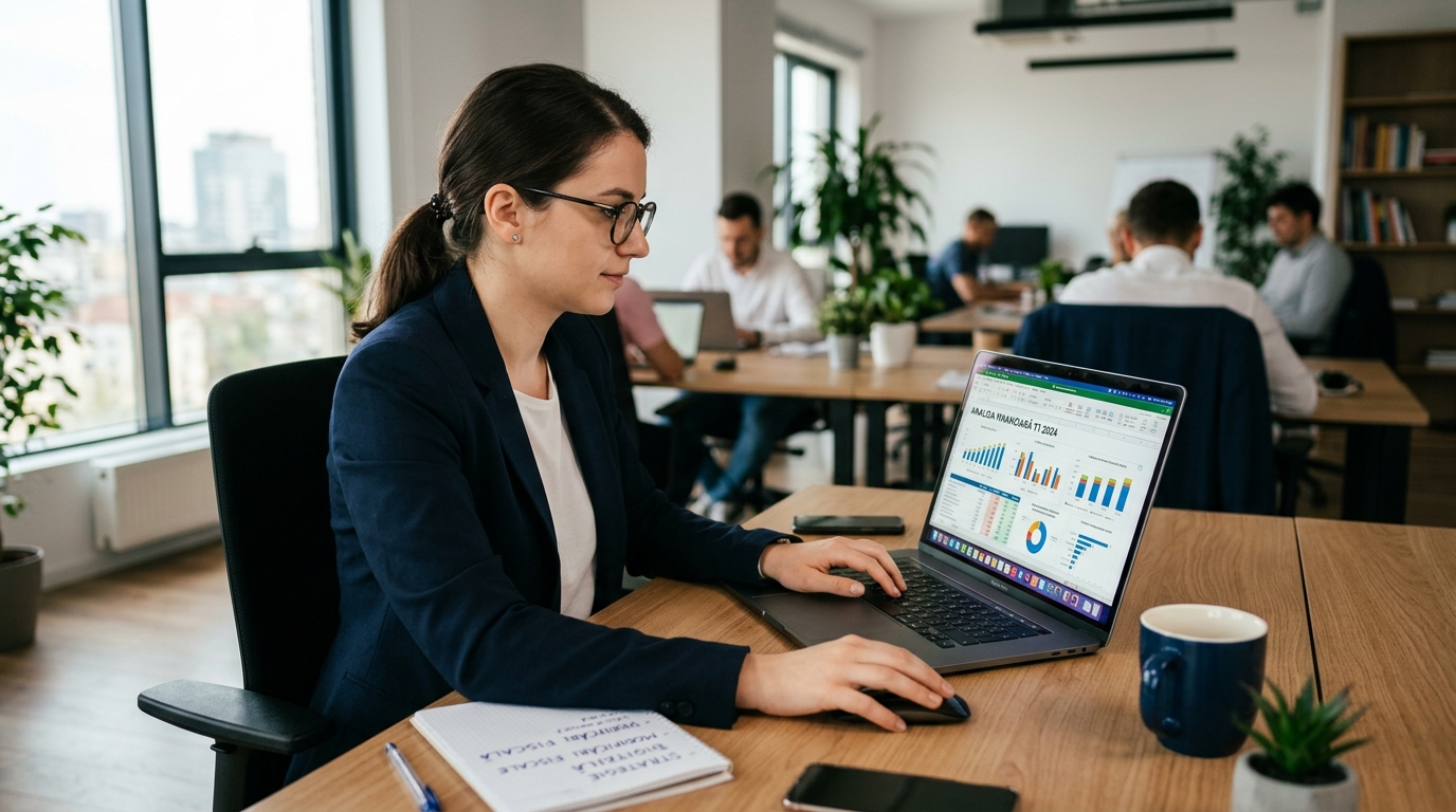 alt_text: Oficiu modern ce ilustrează schimbări recente în contabilitatea digitală cu laptop și analize financiare.