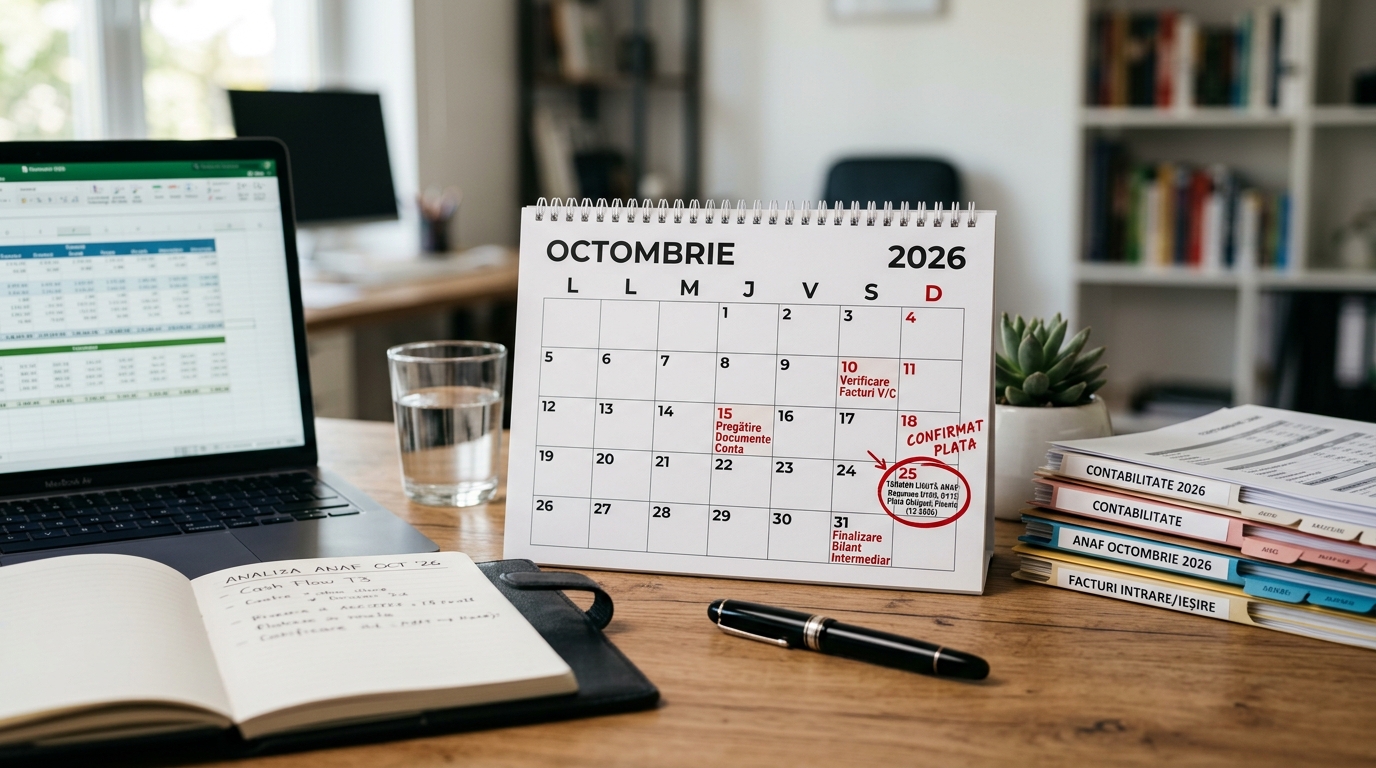 alt_text: "Birou profesionist cu calendarul octombrie 2026, evidențiind termene ANAF și documente financiare."