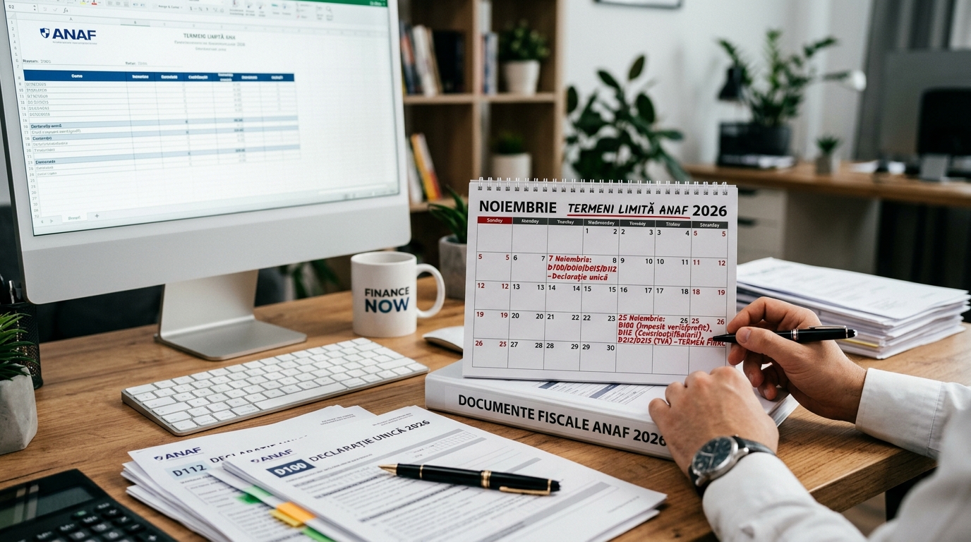 alt_text: Imagine cu birou modern, documente fiscale și calendar marcat "termeni limită ANAF noiembrie 2026".