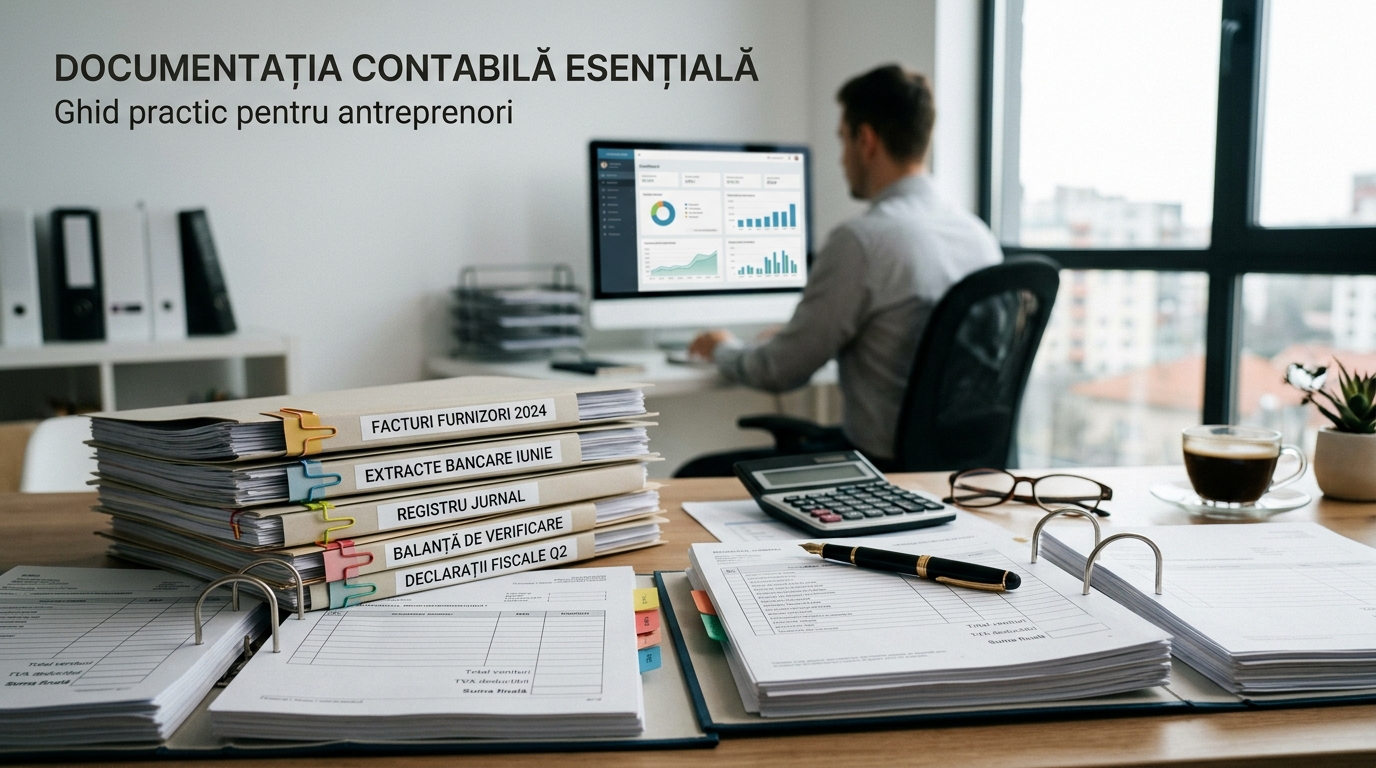 alt_text: Birou modern cu documente contabile esențiale, evidențiind tipuri de documente contabile esențiale.